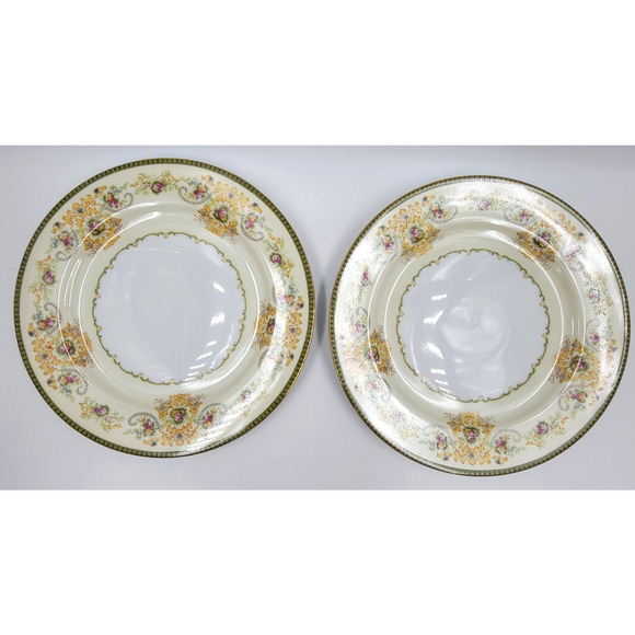 P.B. Japan Charm 9 7/8" Dinner Plate Floral Scroll Gold Trim 1950s Set of 2 - Picture 4 of 8